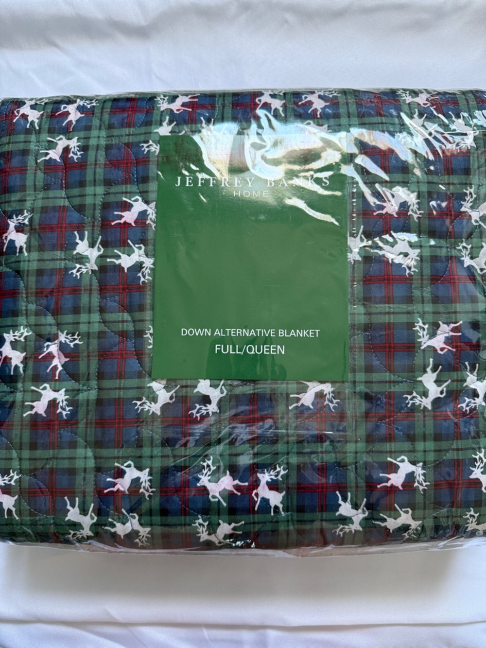 Reindeer Green Plaid Down Alternative Quilted Blanket and Sheet Set - Full/Queen